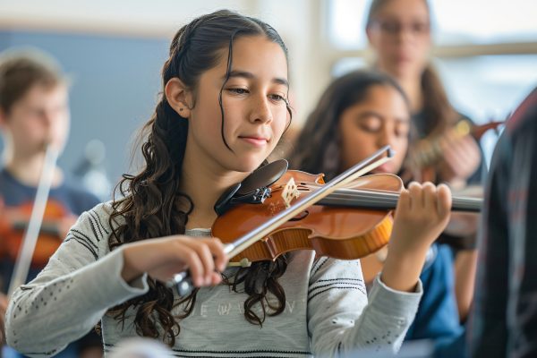 Girl playing violin in class