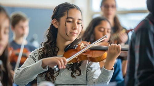 Girl playing violin in class