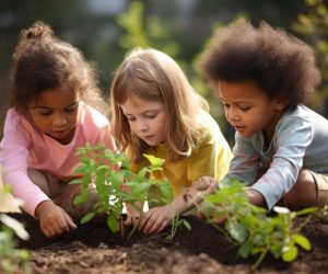 three kids digging in dirt in garden