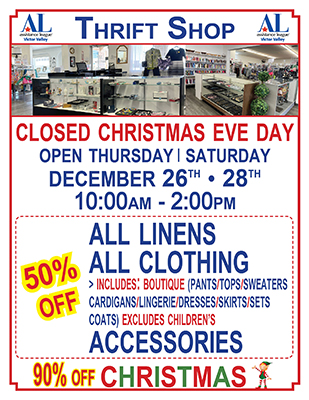 Thrift Shop Sale for December 26 & 28 - Closed on 24th